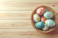 Happy easter carnation Eggs Baskets Basket. White Religious symbols Bunny Rebirth. Puffy background wallpaper Royalty Free Stock Photo