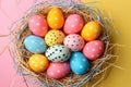 Happy easter celebration Eggs Spring Soiree Basket. White Bunny Bunny easter centerpieces. easter zinnia background wallpaper Royalty Free Stock Photo