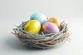 Happy easter cerulean blue Eggs Easter Love Basket. White easter basket goodies Bunny celebratory card. Typography area background Royalty Free Stock Photo