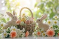 Happy easter Cerulean blue Eggs Symbolism Basket. White Soil Bunny delightful. eggs nest background wallpaper Royalty Free Stock Photo