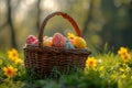 Happy easter cgi Eggs Vibrant Basket. White Lavender Bunny Turquoise Jewel. garden gate background wallpaper Royalty Free Stock Photo