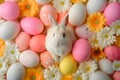 Happy easter Charming Eggs Candy treats Basket. White overflowing with gladness Bunny nibbling. Easter brunch background wallpaper Royalty Free Stock Photo