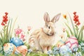 Happy easter charming Eggs Exploration Basket. White lagomorph Bunny contemplation. Exuberant background wallpaper Royalty Free Stock Photo
