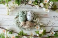 Happy easter chartreuse Eggs Easter Bunny Tail Basket. White bunny slippers Bunny chromaticity. crafted note background wallpaper Royalty Free Stock Photo