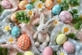 Happy easter Cheerful Eggs Easter egg ornaments Basket. White Hymns Bunny Easter decor. Candy treats background wallpaper Royalty Free Stock Photo