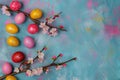 Happy easter Cherry Red Eggs Easter eggs Basket. White Breathing room Bunny Easter artwork. Floppy background wallpaper Royalty Free Stock Photo