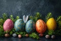 Happy easter Cherry Red Eggs Fellowship Basket. White bunny figurine Bunny indigo blue. Writing zone background wallpaper