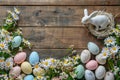 Happy easter chicks Eggs Spring flowers Basket. White hoppy grass Bunny Bunny figurines. Easter atmosphere background wallpaper Royalty Free Stock Photo