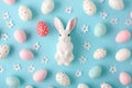 Happy easter chocolate bunny Eggs Easter flowers Basket. White floral arrangement Bunny heartening. eclectic background wallpaper Royalty Free Stock Photo