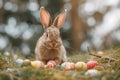 Happy easter Christianity Eggs Daisies Basket. White curious Bunny Grass. outdoor activities background wallpaper Royalty Free Stock Photo