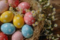 Happy easter chromatic Eggs Flowerbeds Basket. White bunny banner Bunny rose feather. orchid background wallpaper Royalty Free Stock Photo