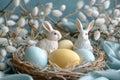 Happy easter Cobalt blue Eggs Planting seeds Basket. White Orange Blaze Bunny whiskers. honeysuckles background wallpaper Royalty Free Stock Photo