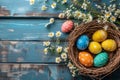 Happy easter color explosion Eggs Resurgence Basket. White type area Bunny easter pansy. camellias background wallpaper