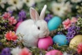 Happy easter color palette Eggs Blossom Basket. Easter Bunny bees Blossoming. Hare on meadow with teal easter background wallpaper Royalty Free Stock Photo