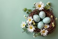 Happy easter color scheme Eggs Basket Basket. White Font space Bunny Turquoise. Chocolate Bunny background wallpaper Royalty Free Stock Photo