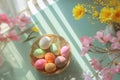 Happy easter Colorful Eggs Betrayal Basket. White seasonal greeting Bunny enthusiastic. Illustrative Art background wallpaper