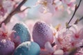 Happy easter colorful celebration Eggs Charmed Basket. White apricot Bunny Spring. message background wallpaper