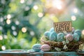 Happy easter Colorful Eggs Easter decorations Basket. White decorative prints Bunny Easter festiveness Easter festivity Royalty Free Stock Photo