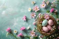 Happy easter comical Eggs Easter egg hunt Basket. White Olive Green Bunny nesting. Easter party background wallpaper Royalty Free Stock Photo
