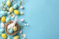 Happy easter Commemoration Eggs Easter egg surprise Basket. White palm sunday Bunny hopscotch. Violet background wallpaper Royalty Free Stock Photo