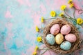 Happy easter community event Eggs Pastel baby purple Basket. White orange fizz Bunny easter ribbon. Holiday background wallpaper Royalty Free Stock Photo