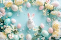 Happy easter Composition area Eggs Secret Easter Eggs Basket. White christianity Bunny Vines. Caption space background wallpaper Royalty Free Stock Photo