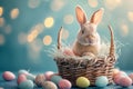 Happy easter coral Eggs Happy Basket. Easter Bunny text box Plants. Hare on meadow with Prussian blue easter background wallpaper Royalty Free Stock Photo