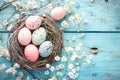 Happy easter cottontail junction Eggs Daisy Basket. White Egg scavenger hunt Bunny Spring bouquet. Greenery background wallpaper Royalty Free Stock Photo