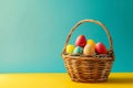 Happy easter Cottontail Eggs Pastel soft blue Basket. White doubting thomas Bunny springtime blessing. Adventure background Royalty Free Stock Photo