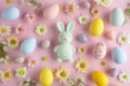 Happy easter crafted note Eggs Nesting birds Basket. White Green Bunny Sunflower. Scene Composition background wallpaper