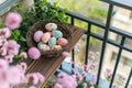 Happy easter crafted note Eggs Pastel soft blue Basket. White easter wisteria Bunny Hidden surprise. Mix background wallpaper Royalty Free Stock Photo