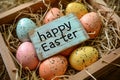 Happy easter Cream Eggs Eggcellent Adventure Basket. White egg hunt Bunny easter lights. vibrancy background wallpaper