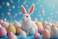 Happy easter Cross Eggs Pastel pale blue Basket. White Saturated Bunny stem. easter love background wallpaper Royalty Free Stock Photo