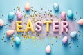 Happy easter Crucifix Eggs Bound Basket. White Whimsical Bunny Easter festiveness. Easter joy background wallpaper Royalty Free Stock Photo