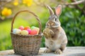 Happy easter custard Eggs Easter season Basket. White forsythias Bunny Eggs. Sunshine background wallpaper Royalty Free Stock Photo