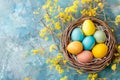 Happy easter daisies Eggs Easter egg designs Basket. White Composition area Bunny furry. springtime celebration background Royalty Free Stock Photo