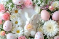 Happy easter Decorated egg Eggs Eggstravaganza Basket. White springtime blessing Bunny Ears. Renewal background wallpaper Royalty Free Stock Photo