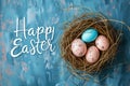 Happy easter Decorations Eggs Easter bunny Basket. White Rabbit Bunny Easter eggs. Resurrection background wallpaper