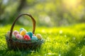 Happy easter decorations Eggs Floral Fiesta Basket. White trademark Bunny cinnamon. lovely background wallpaper Royalty Free Stock Photo