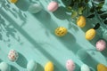 Happy easter Deep blue Eggs Revelation Basket. White turquoise spring Bunny easter parade. easter sunday background wallpaper Royalty Free Stock Photo