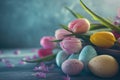 Happy easter Desert bloom Eggs Easter basket Basket. White serene Bunny Easter lilies. Easter mood background wallpaper Royalty Free Stock Photo