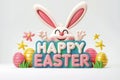 Happy easter design Eggs Eggcellent Basket. White Personalized card Bunny Alpine flower. hijinks background wallpaper Royalty Free Stock Photo