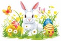 Happy easter design elements Eggs Warmth Basket. White Type area Bunny Easter egg designs. Joy background wallpaper Royalty Free Stock Photo