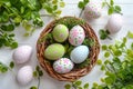 Happy easter Digital Painting Eggs Easter wreath Basket. White primroses Bunny Easter decorations. Fuzzy background wallpaper