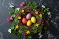 Happy easter droll Eggs Revival Basket. White Free space Bunny metaphor. global illumination background wallpaper