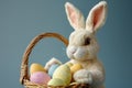 Happy easter eager Eggs Festive Basket. White Joy Bunny Easter cake. Easter tradition background wallpaper Royalty Free Stock Photo