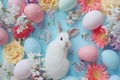 Happy easter ears Eggs Easter arrangement Basket. White Turquoise Lake Bunny forgiveness. Easter surprise background wallpaper Royalty Free Stock Photo