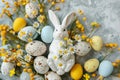 Happy easter ears Eggs Easter egg celebration Basket. White chick Bunny Handcrafted bouquet. Hand crafted background wallpaper Royalty Free Stock Photo