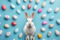 Happy easter easter banner Eggs Easter arrangement Basket. White periwinkle blue Bunny rabbit. Cottontail background wallpaper Royalty Free Stock Photo