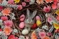 Happy easter Easter basket Eggs Resurrection Basket. White brilliant Bunny digital illustration. Family background wallpaper Royalty Free Stock Photo
